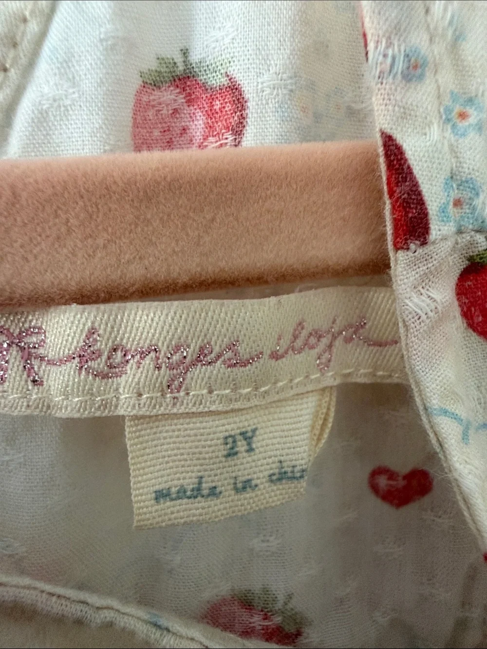 Konges Slojd Girls Cream Strawberry Print Ruffle Dress with Bow in the Back 2Y